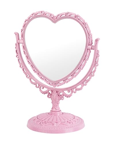 JDPEYI Heart Shaped Cute Vanity Princess Mirror for DeskDoubleSided Rotatable Table with Stand Downtown Girl Room Coquette Decor Pink - Image 1