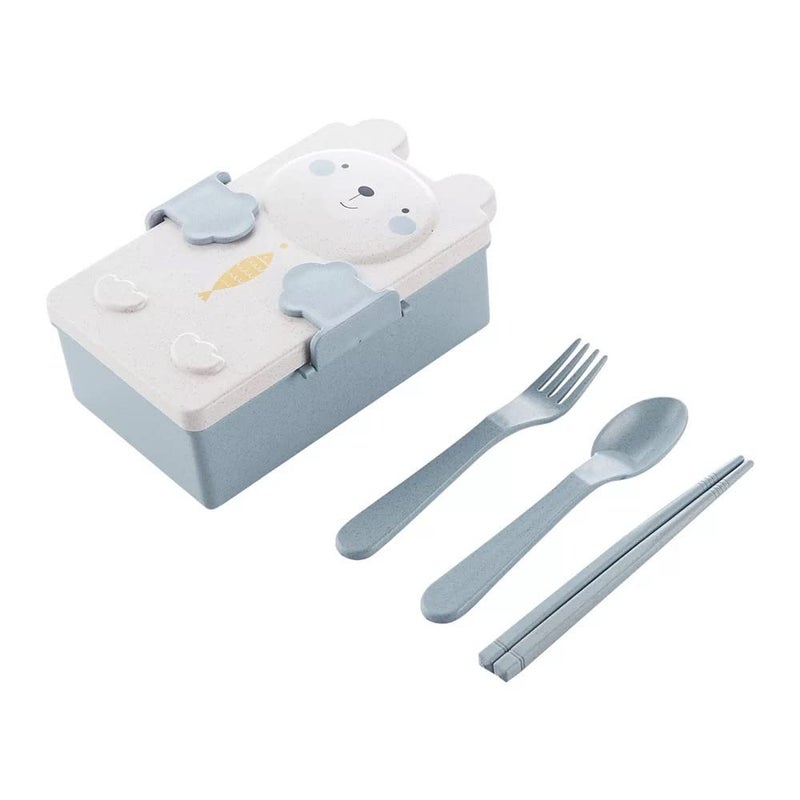 CherryBox Kids Double-Compartment Wheat Straw Cartoon Lunch Box with Spoon, Fork and Chopsticks (Blue) - Image 1