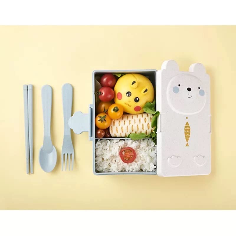 CherryBox Kids Double-Compartment Wheat Straw Cartoon Lunch Box with Spoon, Fork and Chopsticks (Blue) - Image 3