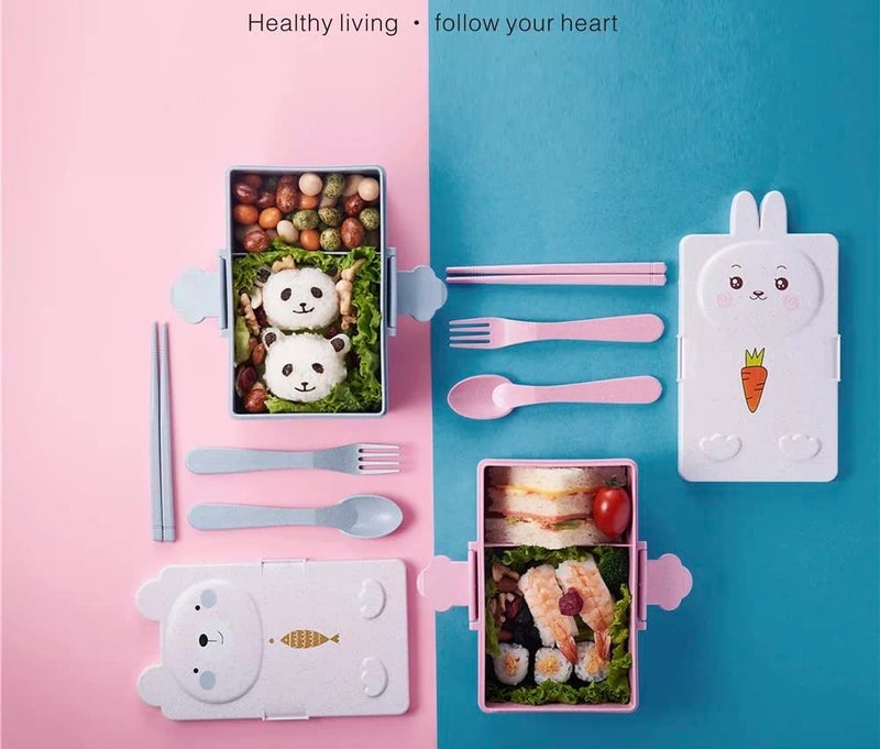 CherryBox Kids Double-Compartment Wheat Straw Cartoon Lunch Box with Spoon, Fork and Chopsticks (Blue) - Image 5