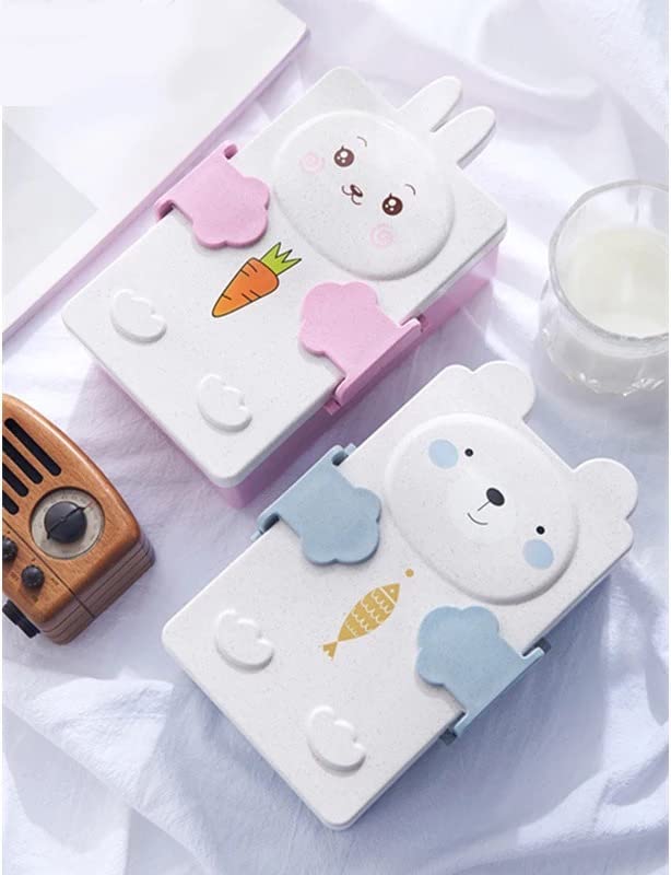 CherryBox Kids Double-Compartment Wheat Straw Cartoon Lunch Box with Spoon, Fork and Chopsticks (Blue) - Image 4