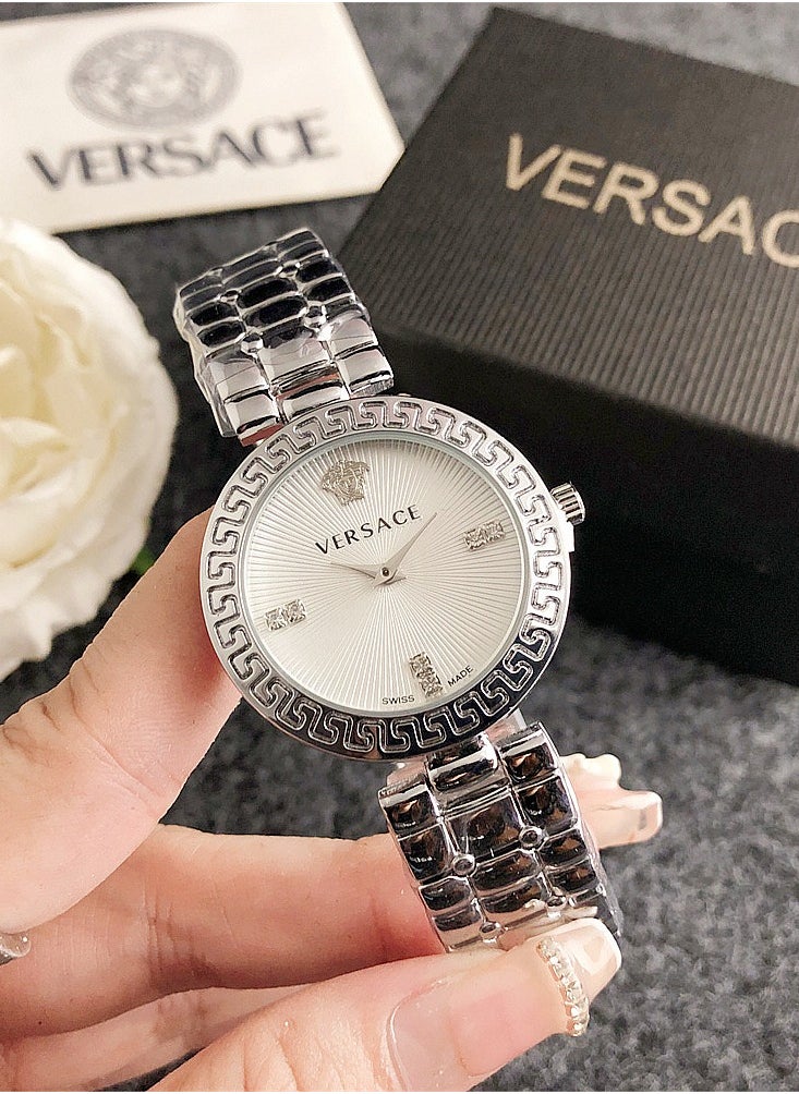VERSACE - Versace Women's Cubic Zirconia Classic Fashion Versatile Round Quartz Watch with Silver Stainless Steel Strap and White dial 33mm Gift - Image 1