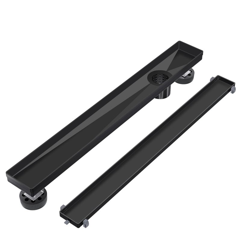EXF Offset Linear Shower Drain 30 Inch Matte Black with Reversible Flat  Tile Insert Cover Stainless Steel Rectangle Shower Floor Drain with Hair Catcher Adjustable Feet