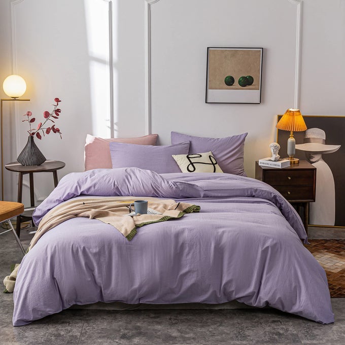 WASHED COTTON DUVET COVER QUEEN ULTRA SOFT 100 COTTON SOLID COLOR LAVENDER PURPLE DUVET COVER SET WITH ZIPPER CLOSURE 3 PIECES PURPLE QUEEN