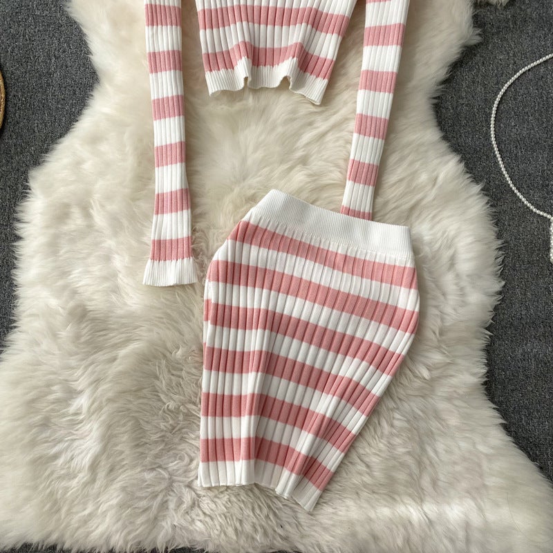 in stock Striped Sweet and Spicy off-shoulder High Waist Sweater Top Hip Sweater Short Skirt High-grade Two-piece Suit for Women Pink  - Image 5