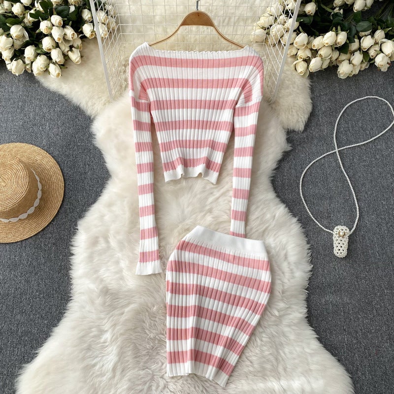 in stock Striped Sweet and Spicy off-shoulder High Waist Sweater Top Hip Sweater Short Skirt High-grade Two-piece Suit for Women Pink  - Image 1