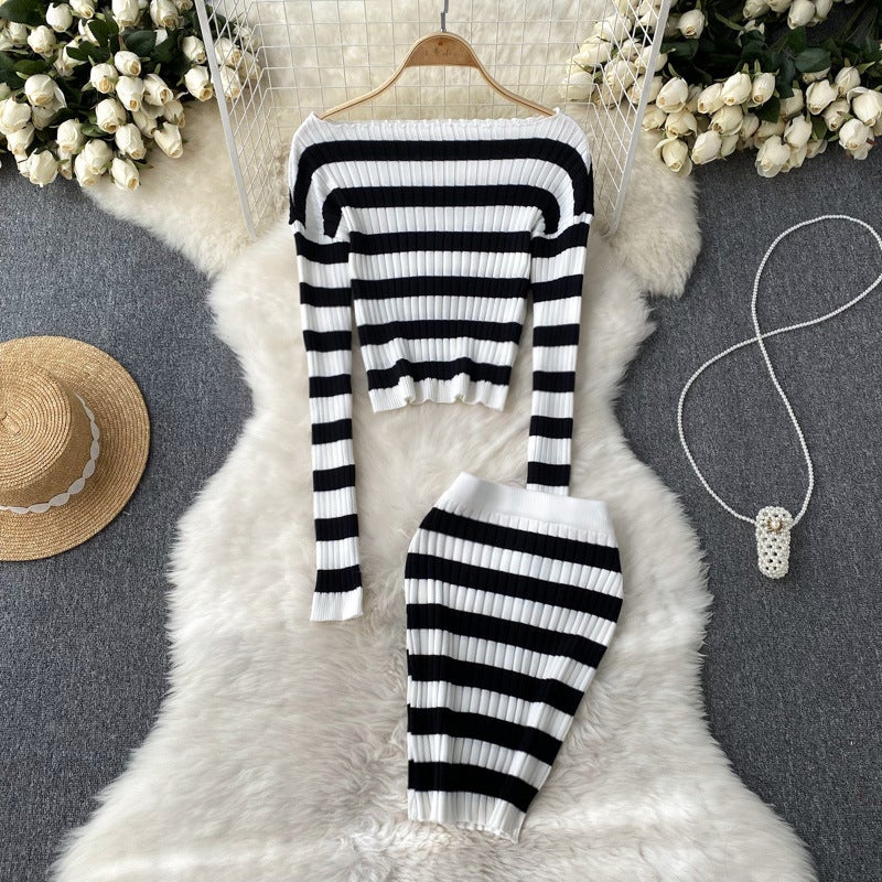 in stock Striped Sweet and Spicy off-shoulder High Waist Sweater Top Hip Sweater Short Skirt High-grade Two-piece Suit for Women Pink  - Image 4