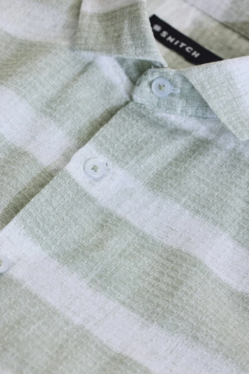 SNITCH Light Sage Green Striped Long Sleeve Slim Fit Shirt