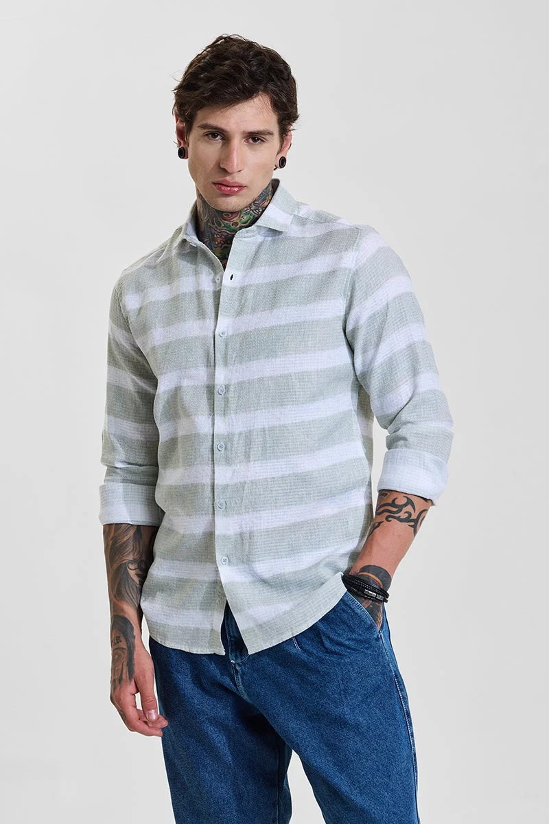 SNITCH Light Sage Green Striped Long Sleeve Slim Fit Shirt