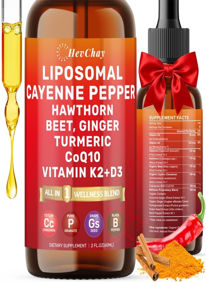 HevChay Cayenne Pepper Drops Liposomal Supplement Liquid + Hawthorn Berry, Vitamin D3 K2 Beet Root Powder, Ceylon Cinnamon, CoQ10, Turmeric Curcumin, Cayenne Pepper Extract - 2oz - Image 1
