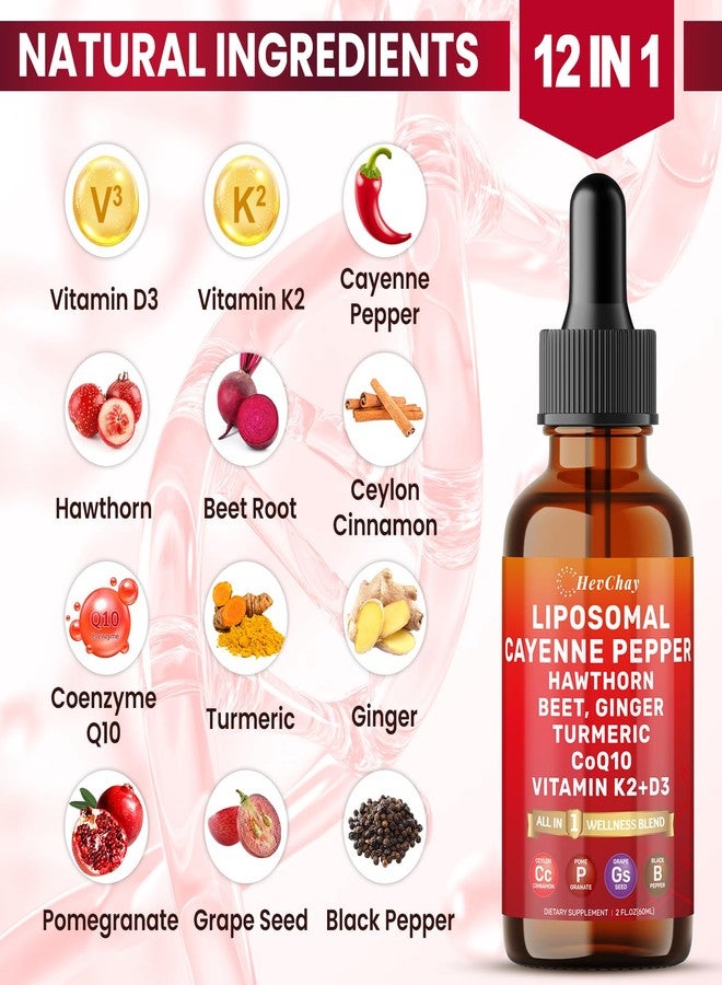 HevChay Cayenne Pepper Drops Liposomal Supplement Liquid + Hawthorn Berry, Vitamin D3 K2 Beet Root Powder, Ceylon Cinnamon, CoQ10, Turmeric Curcumin, Cayenne Pepper Extract - 2oz - Image 3