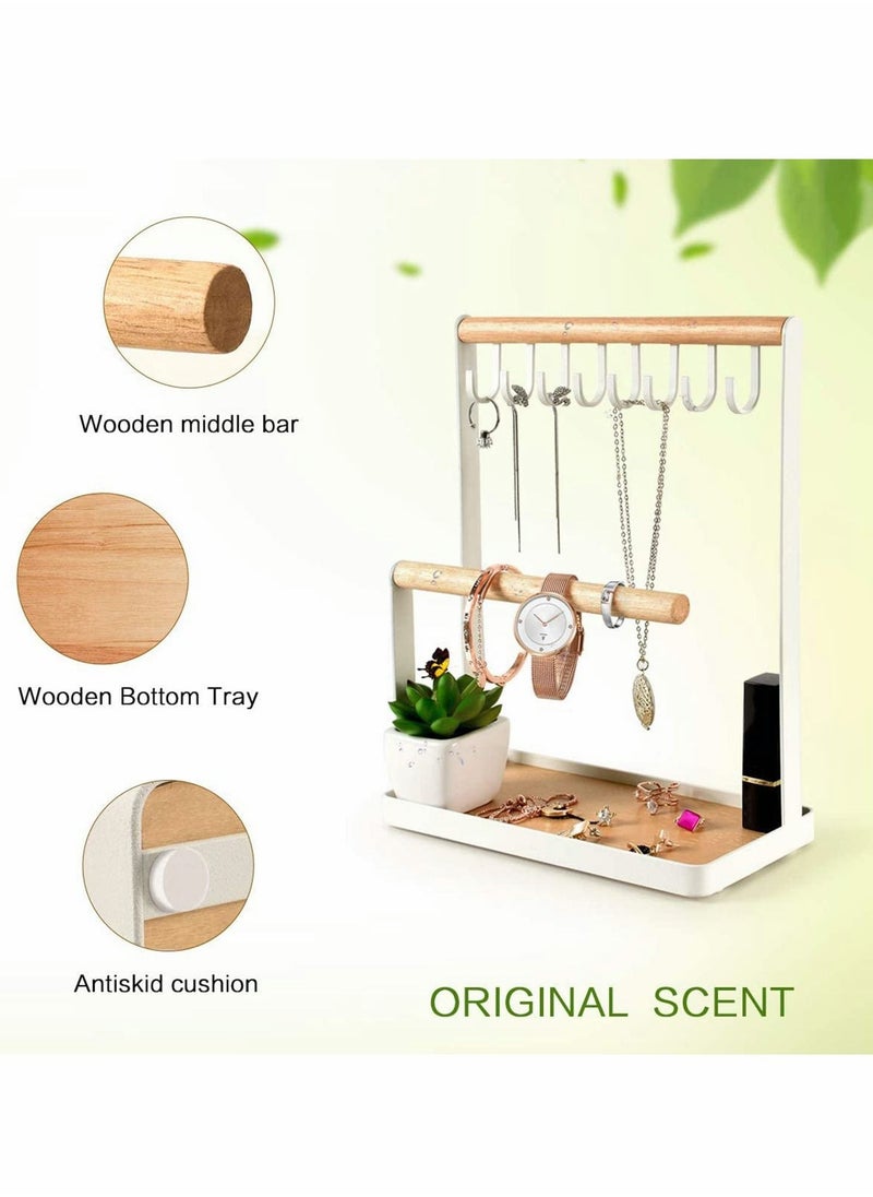 Y&D - Jewelry Organizer Necklace Stand Holder, 4-Tier Hanging Wooden Ring Earring Tray, 8 Hooks Necklaces Storage 12 holes, Bracelets, Rings & Watches Display On Desk Tabletop - White - Image 1