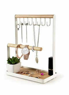 Jewelry Organizer Necklace Stand Holder, 4-Tier Hanging Wooden Ring Earring Tray, 8 Hooks Necklaces Storage 12 holes, Bracelets, Rings & Watches Display On Desk Tabletop - White