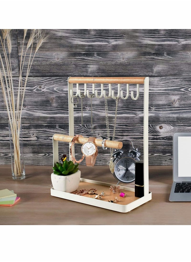 Y&D - Jewelry Organizer Necklace Stand Holder, 4-Tier Hanging Wooden Ring Earring Tray, 8 Hooks Necklaces Storage 12 holes, Bracelets, Rings & Watches Display On Desk Tabletop - White - Image 1