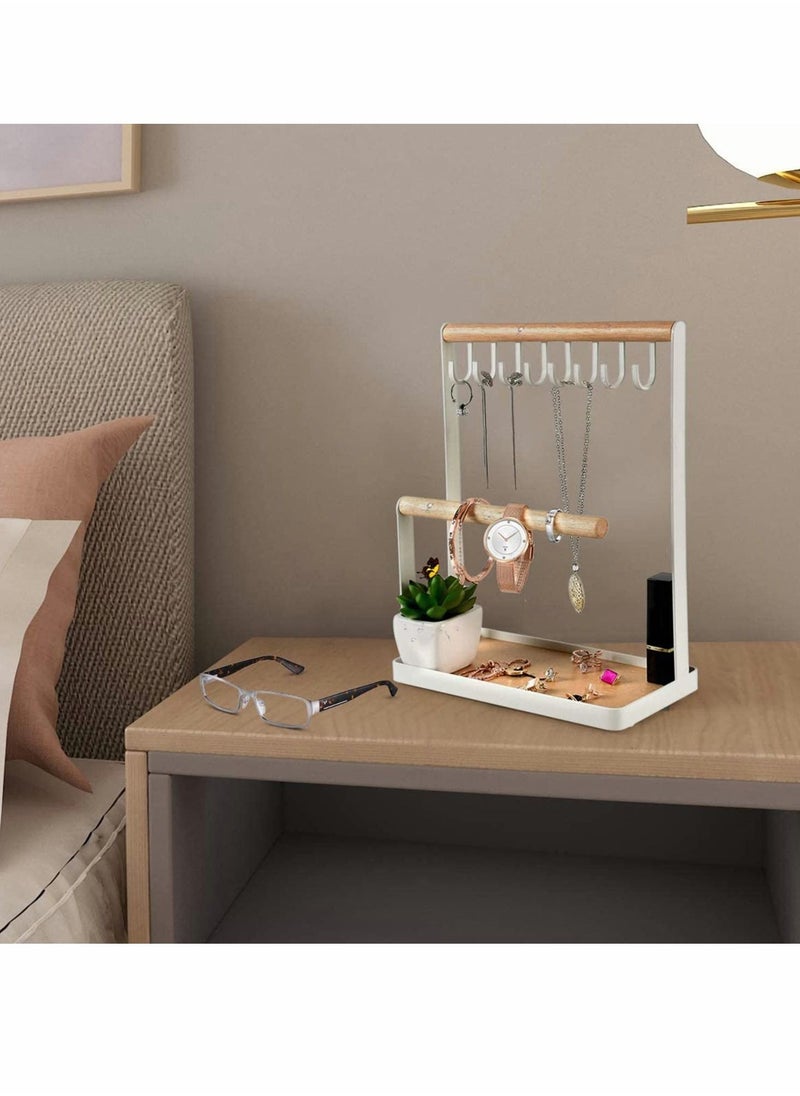 Y&D - Jewelry Organizer Necklace Stand Holder, 4-Tier Hanging Wooden Ring Earring Tray, 8 Hooks Necklaces Storage 12 holes, Bracelets, Rings & Watches Display On Desk Tabletop - White - Image 1