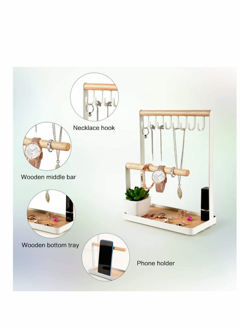 Y&D - Jewelry Organizer Necklace Stand Holder, 4-Tier Hanging Wooden Ring Earring Tray, 8 Hooks Necklaces Storage 12 holes, Bracelets, Rings & Watches Display On Desk Tabletop - White - Image 1