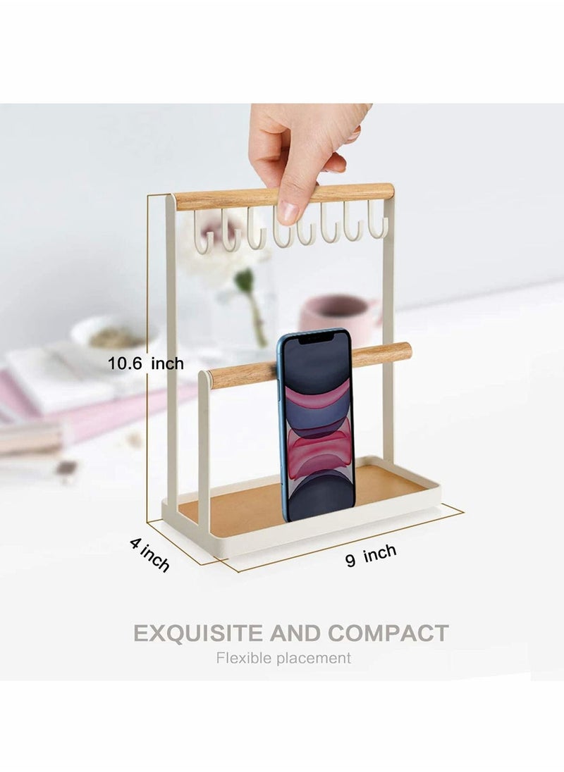 Y&D - Jewelry Organizer Necklace Stand Holder, 4-Tier Hanging Wooden Ring Earring Tray, 8 Hooks Necklaces Storage 12 holes, Bracelets, Rings & Watches Display On Desk Tabletop - White - Image 1