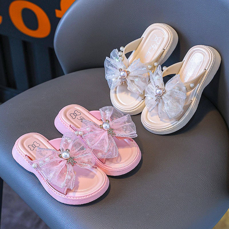 Girls' Lace Mesh Slippers Girls Soft Bottom Pearl Baotou Princess Shoes Flat Heel Home Fashion - Image 3