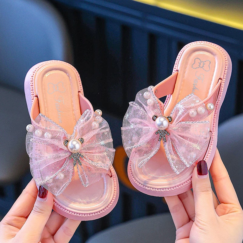 Girls' Lace Mesh Slippers Girls Soft Bottom Pearl Baotou Princess Shoes Flat Heel Home Fashion - Image 2