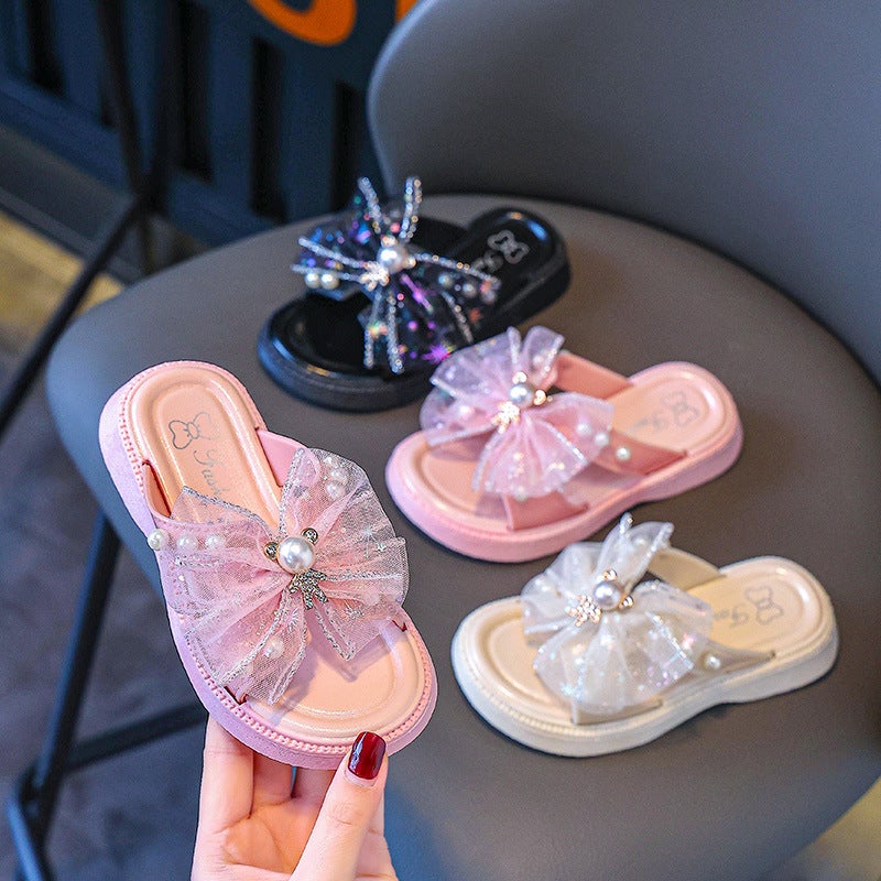 Girls' Lace Mesh Slippers Girls Soft Bottom Pearl Baotou Princess Shoes Flat Heel Home Fashion - Image 5