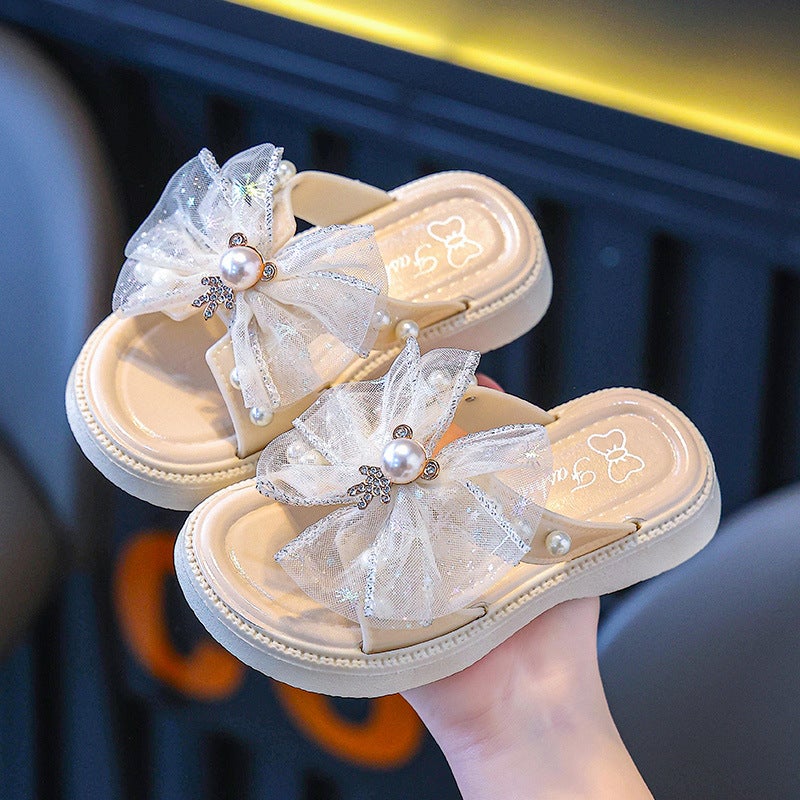 Girls' Lace Mesh Slippers Girls Soft Bottom Pearl Baotou Princess Shoes Flat Heel Home Fashion - Image 1