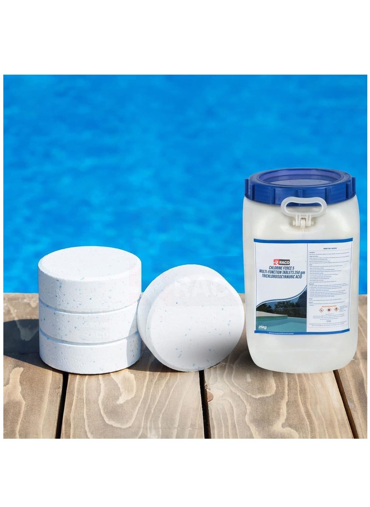 RACO Swimming Pool Chlorine Tablet Multi-Functional Slow Dissolving Long Lasting Disinfection Treatment 250grm x 100 Tablets, 25Kg. 