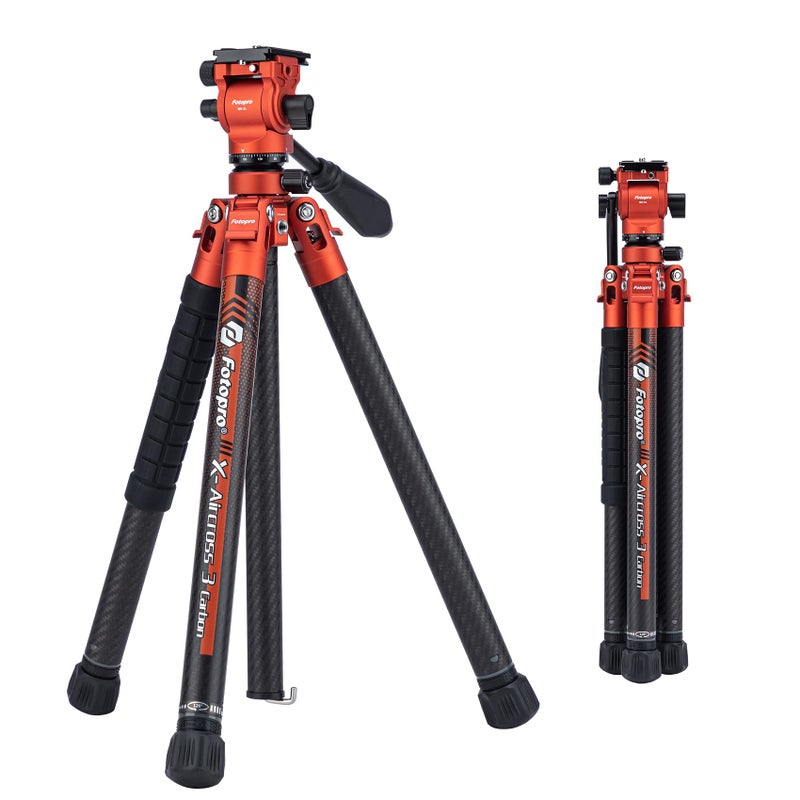 Fotopro Carbon Fiber Travel Tripod 22lbs Ultralight 64 Inch Portable Compact Travel Video Tripod for Camera DSLR Load up to 22lbs XAircross 3 Lite Video Orange - Image 2