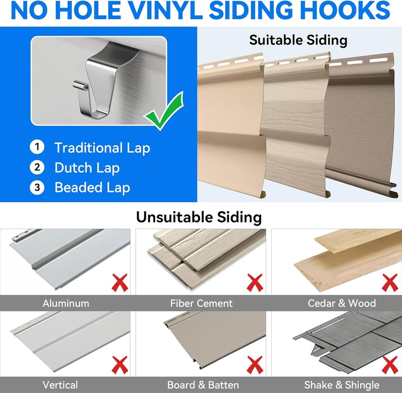 MIUKAA Vinyl Siding Hangers Hooks (8 Pack), Sturdy No Hole Hooks for Hanging Outdoor, Clips to Hang String Lights & Decorations, Garland Wreath Hanger - Image 5