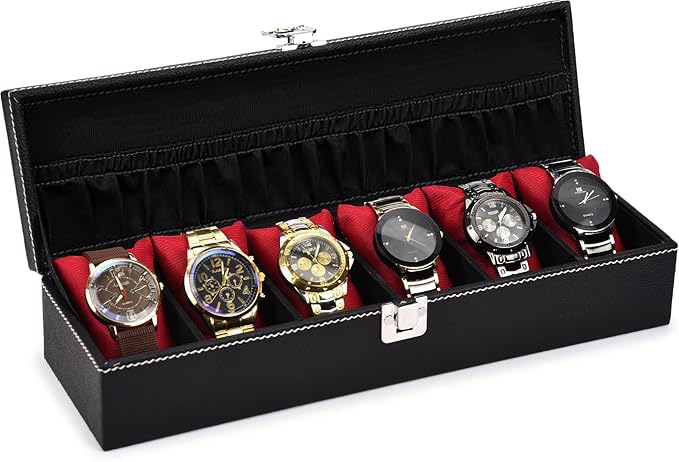 STORESHINE Men's and Women's Leatherette Watch organizer holder Case for 6 Watches, Removable Watch Pillows, Watch Box Holder, Gift for Loved Ones (Black::Maroon) - Image 1