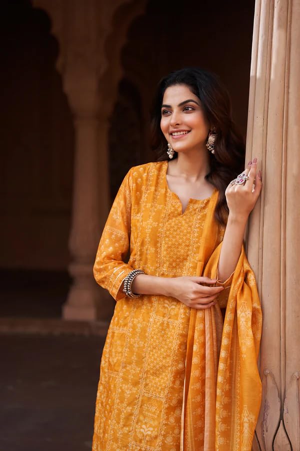 ANNI DESIGNER Women's Rayon Viscose Printed Straight Kurta with Pant and Dupatta (KANJRI Yellow_XXL_Yellow_XX-Large) - Image 2
