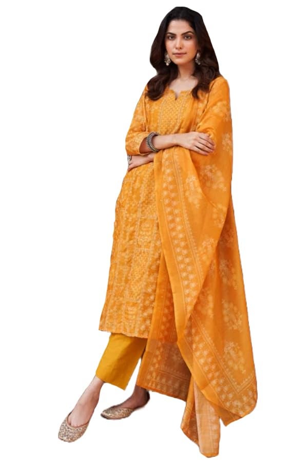 ANNI DESIGNER Women's Rayon Viscose Printed Straight Kurta with Pant and Dupatta (KANJRI Yellow_XXL_Yellow_XX-Large) - Image 4