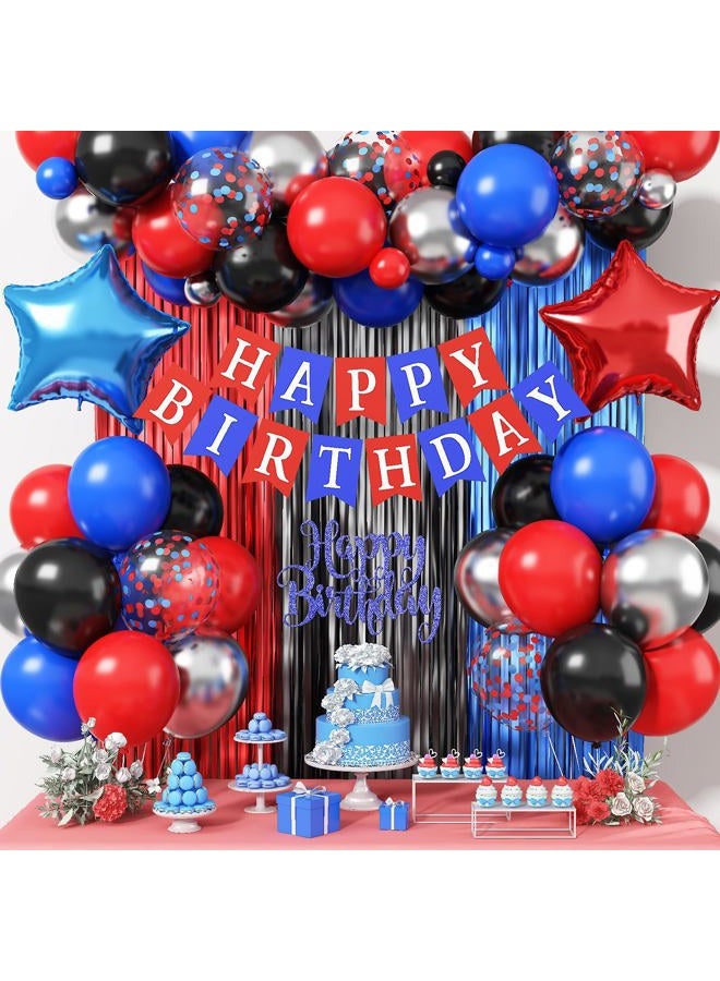Froova Birthday Decorations for Boys, Red Blue Black Metallic Silver Confetti Latex Balloons Foil Spider Party Decorations Happy Birthday Sign Fringe Curtain for Kids Graduation Baby Shower Hero Spider Party - Image 1