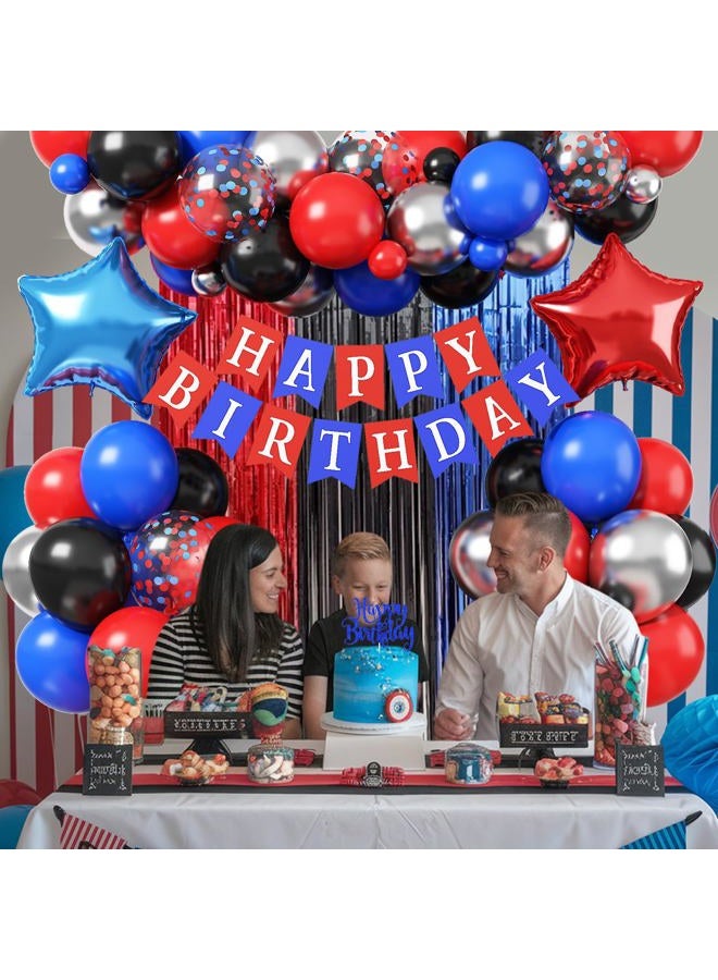 Froova Birthday Decorations for Boys, Red Blue Black Metallic Silver Confetti Latex Balloons Foil Spider Party Decorations Happy Birthday Sign Fringe Curtain for Kids Graduation Baby Shower Hero Spider Party - Image 4