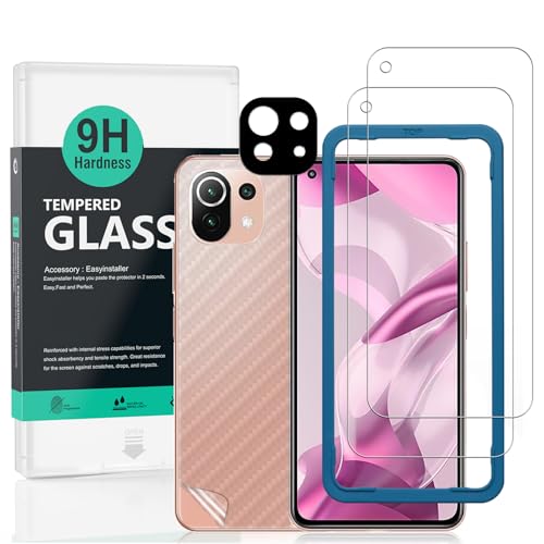 Ibywind Screen Protector For Xiaomi 11 Lite 5G NE/Mi 11 Lite 5G/4G,with 2Pcs Tempered Glass,1Pc Camera Lens Protector,1Pc Backing Carbon Fiber Film [Fingerprint Reader,Easy to install] - Image 1