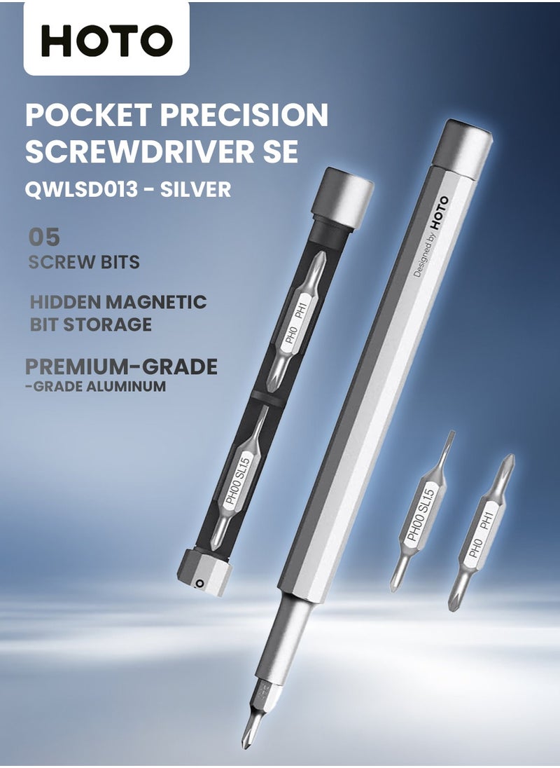 HOTO Precision Pocket Screwdriver Pen – HOTO Little Pocket Multi-Tool with 5 Bits, Soft Pencil Tip, Magnetic Storage, Premium Aluminum Build – Silver – QWLSD013 