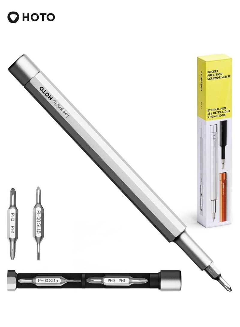 HOTO Precision Pocket Screwdriver Pen – HOTO Little Pocket Multi-Tool with 5 Bits, Soft Pencil Tip, Magnetic Storage, Premium Aluminum Build – Silver – QWLSD013  - Image 1