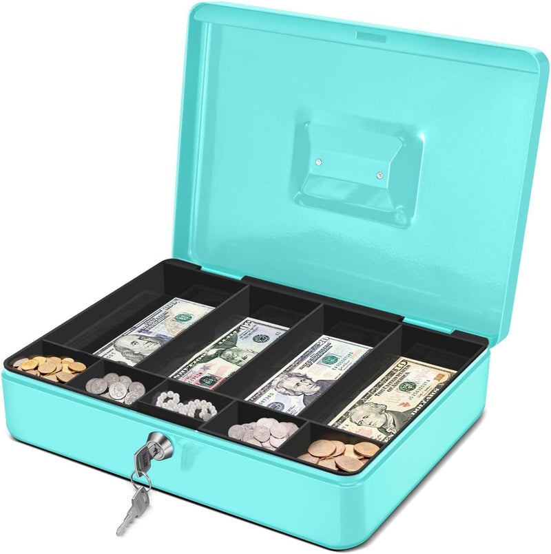 Flexzion Cash Box with Money Tray and Lock - Metal Cash Box for Small Businesses, 9-Compartment Blue Money Box with Removable Tray and Key, Portable Storage for Checks and Coins - Image 1