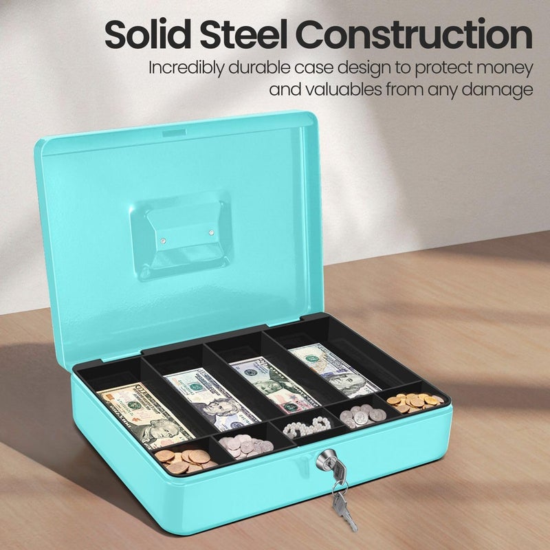Flexzion Cash Box with Money Tray and Lock - Metal Cash Box for Small Businesses, 9-Compartment Blue Money Box with Removable Tray and Key, Portable Storage for Checks and Coins - Image 4