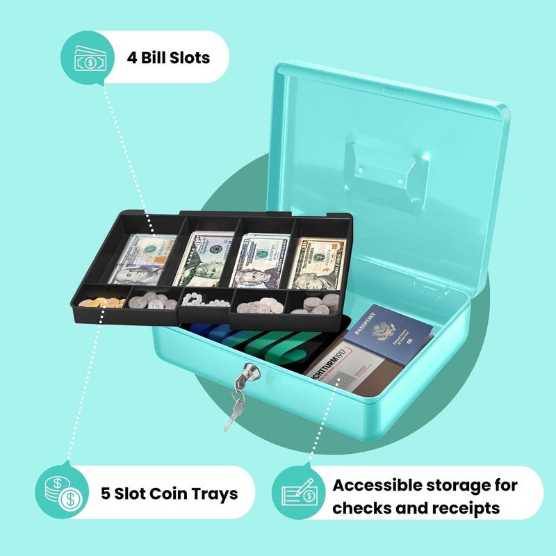 Flexzion Cash Box with Money Tray and Lock - Metal Cash Box for Small Businesses, 9-Compartment Blue Money Box with Removable Tray and Key, Portable Storage for Checks and Coins - Image 3