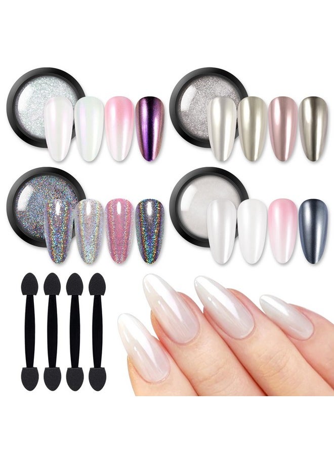 Born Pretty - BORN PRETTY Chrome Nail Powder,White Pearl Metallic Mirror Holographic Chrome Powder for Nails,Pearl Glitter Pigment Dust Kit Nail Art Decoration Sets - Image 1