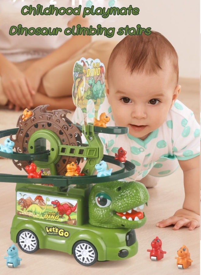 أيكين مجموعة ألعاب سيارات 2 في 1 على شكل ديناصور - شاحنة ديناصور مع موسيقى وإضاءة، لعبة أفعوانية، ألعاب تسلق السلالم مع 3 مسارات سباق ديناصورات للأطفال الصغار، عجلة فيريس ديناصور، هدية عيد ميلاد للأولاد والبنات - Image 2