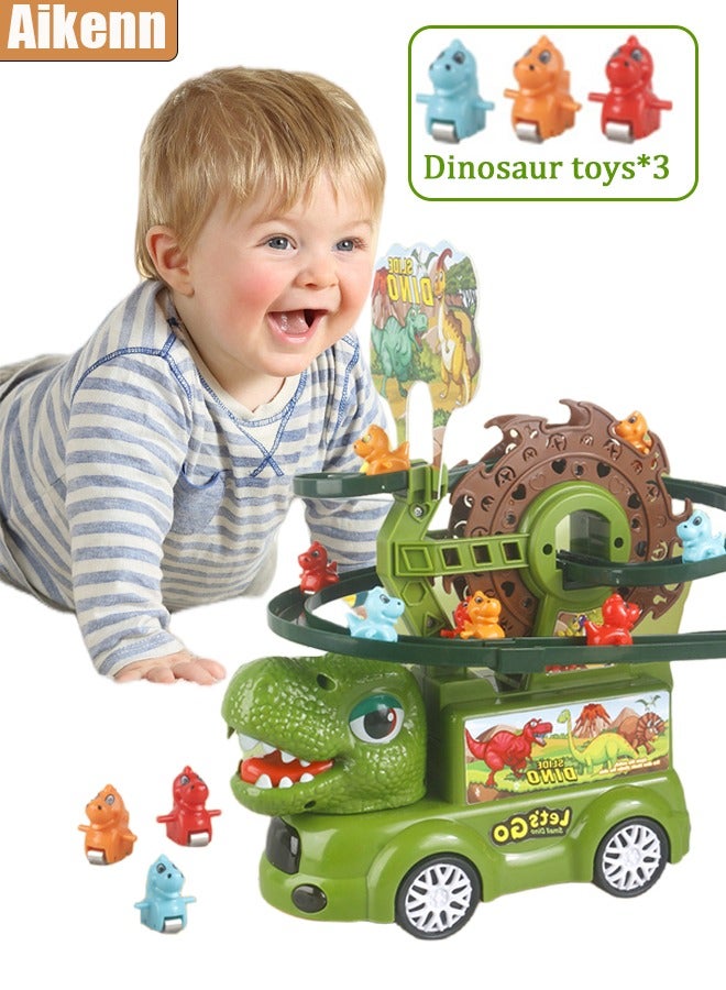 أيكين مجموعة ألعاب سيارات 2 في 1 على شكل ديناصور - شاحنة ديناصور مع موسيقى وإضاءة، لعبة أفعوانية، ألعاب تسلق السلالم مع 3 مسارات سباق ديناصورات للأطفال الصغار، عجلة فيريس ديناصور، هدية عيد ميلاد للأولاد والبنات - Image 1