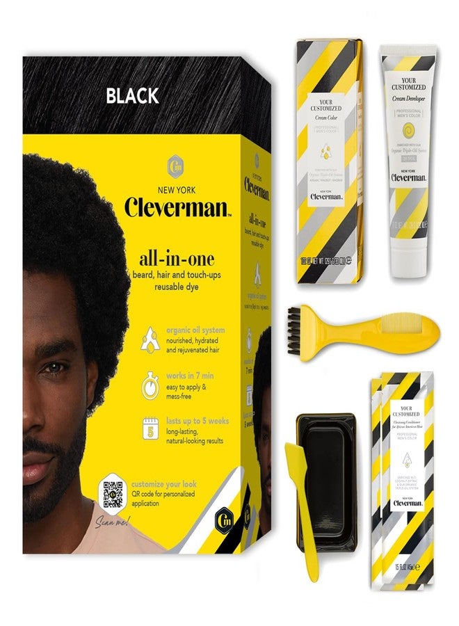 Cleverman Hair & Beard Dye Kit for Men, All-in-One Reusable Mens Hair Color, Natural Gray Coverage, Ammonia-Free Beard Mustache Dye for Men (Black for Black Men) - Image 1