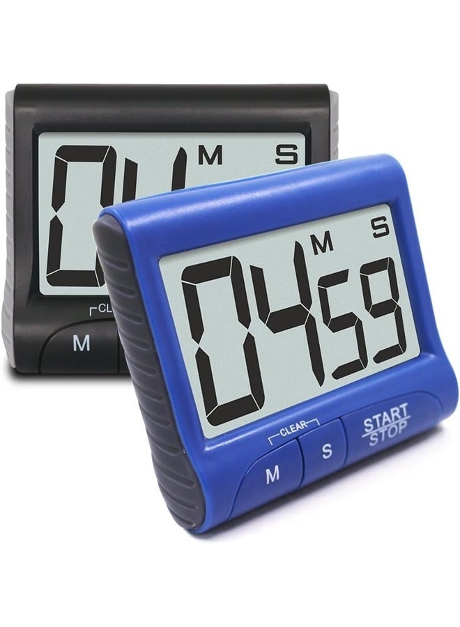 2 Pieces Digital Magnetic Kitchen Timers with Loud Alarm Ring, Countdown Large LCD Display Screen Timers with Stand- Black, Blue  - Image 1
