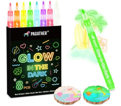 Pagather 8 Colors Glow in the Dark Markers – 2mm Round Tip Neon Fluorescent Paint Pens for Rock Painting, Fabric, Glass, Wood, and DIY Crafts - Image 1