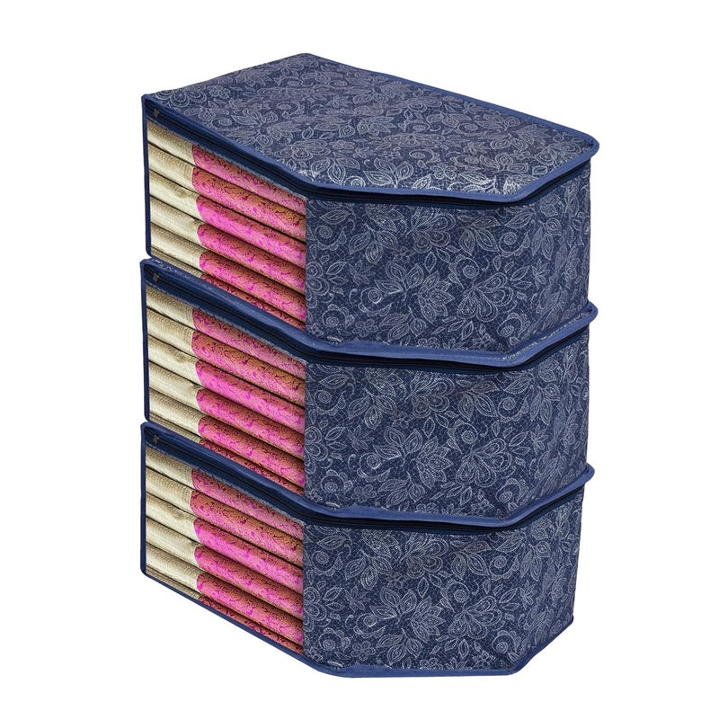 Kuber Industries Pack of 3 Blouse Storage Bag Clothes Storage Bag Visible Window Wardrobe Bag Clothes Organizer Blouse Bag for Travel Flower Printed Navy Blue - Image 1