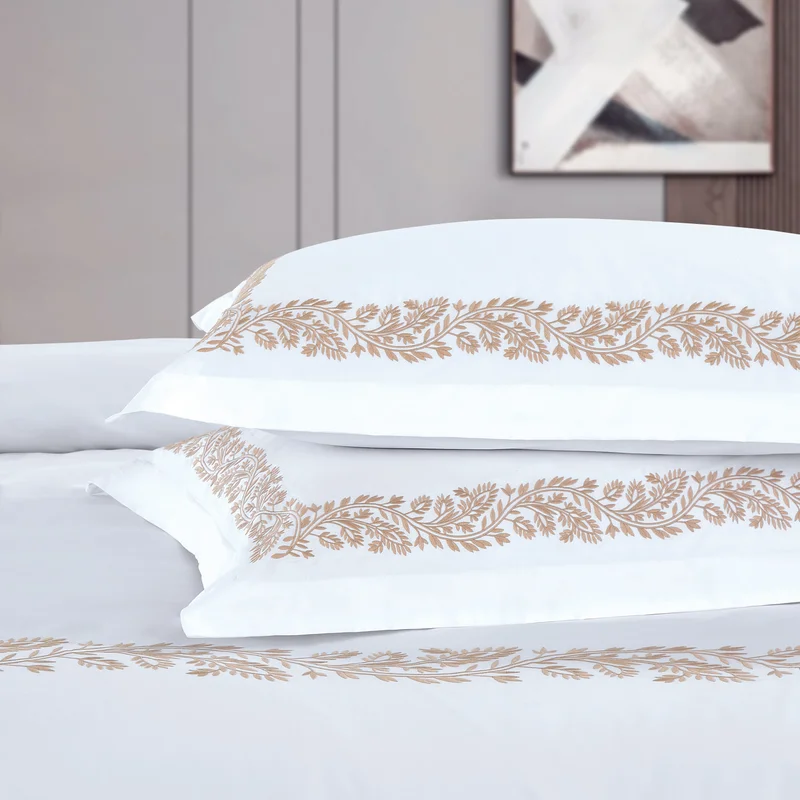 DWELL Dwell-Romano Embroiderd Duvet Cover Set-Duvet Cover - 260 x 240 CM, Fitted Sheet - 200 x 200 x 38 CM Pillow cases 50 x 80CM-White/Beige