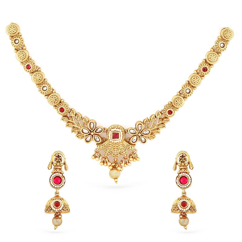 Rubans Women 24K Gold-Plated Ruby & Kundan Studded Floral Design Traditional Necklace Set with Jhumkas - Image 4