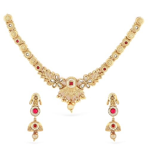 Rubans Women 24K Gold-Plated Ruby & Kundan Studded Floral Design Traditional Necklace Set with Jhumkas - Image 1