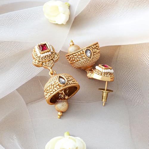 Rubans Women 24K Gold-Plated Ruby & Kundan Studded Floral Design Traditional Necklace Set with Jhumkas - Image 3